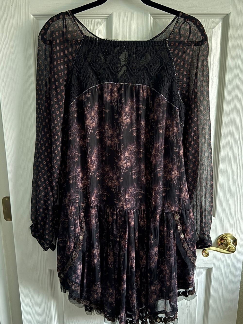 Free People Boho Mini Dress M Mixed Floral Print Lace Sheer Drop Waist